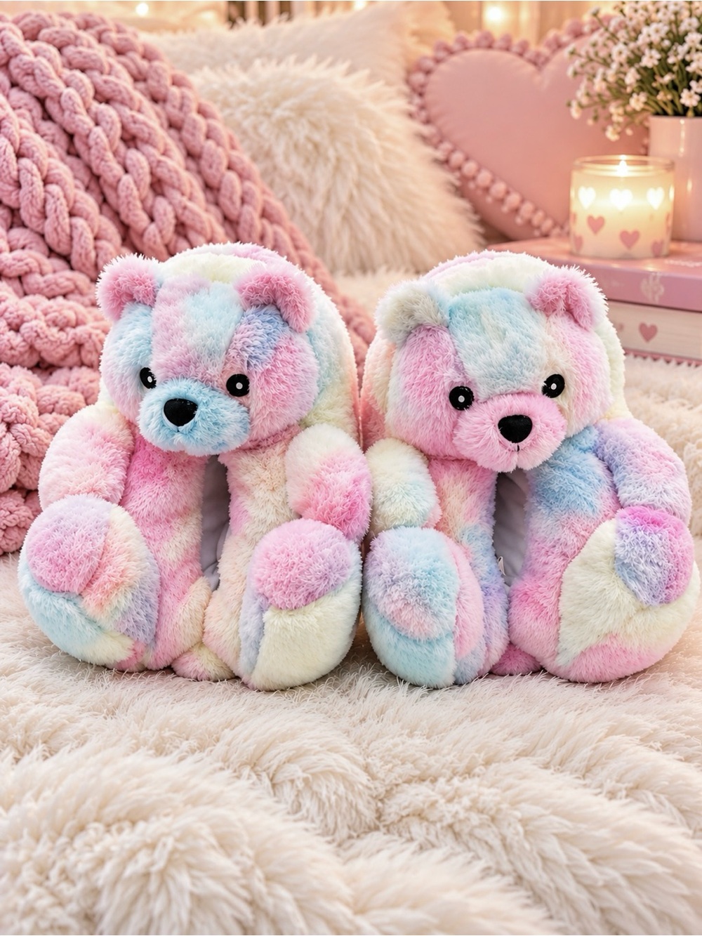 Pastel Rainbow Teddy Bear Plush Slippers Women’s 6-9 Fuzzy Cozy Non-Slip Unisex